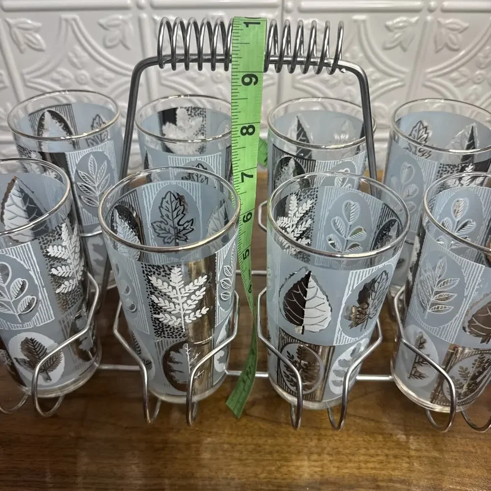 Set of 8 Vintage Libbey Highball Glass Tumblers w/ Metal Caddy Aqua Silver Leaf